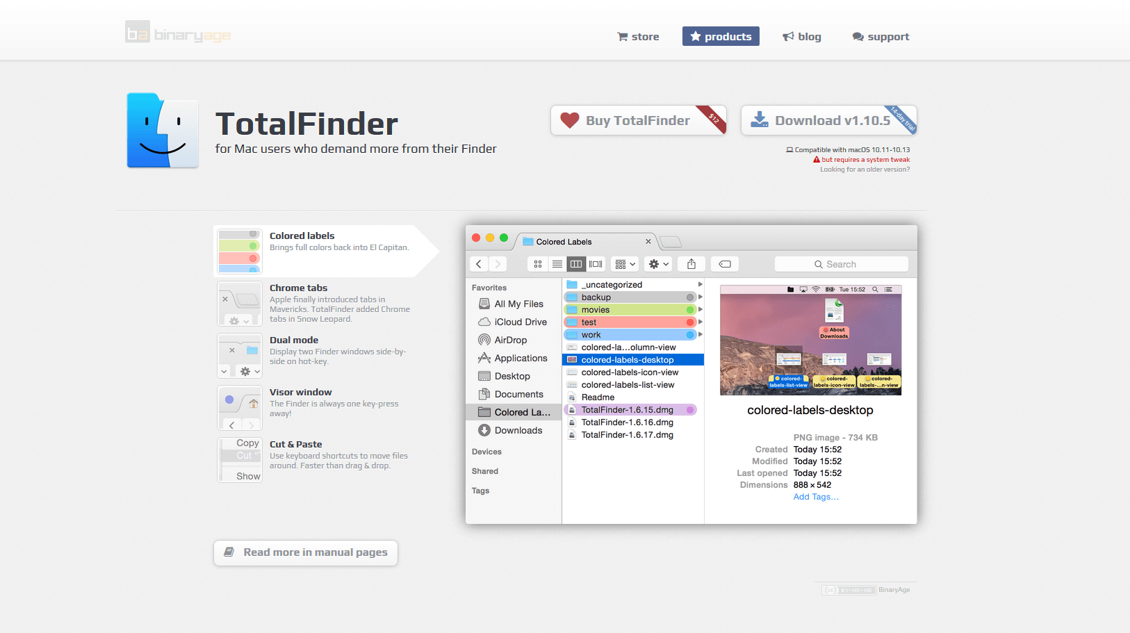 Il sito web dell’estensione per Finder TotalFinder