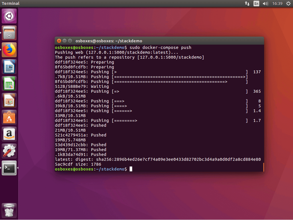 Il comando “docker-compose push” nel terminale Ubuntu