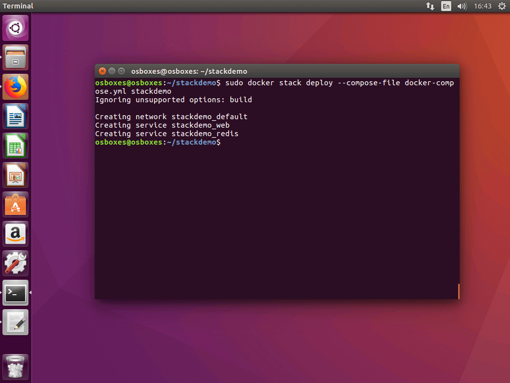 Il comando “docker stack deploy” nel terminale Ubuntu