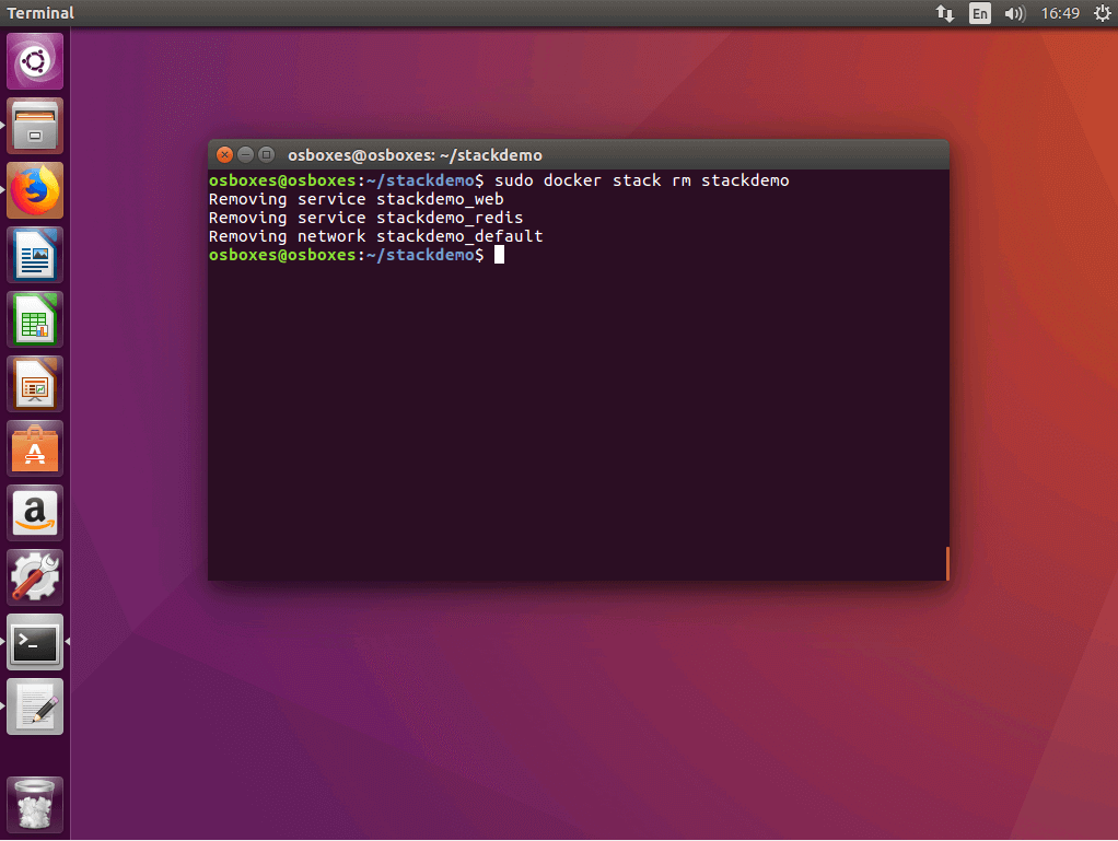 Il comando “docker stack rm” nel terminale Ubuntu