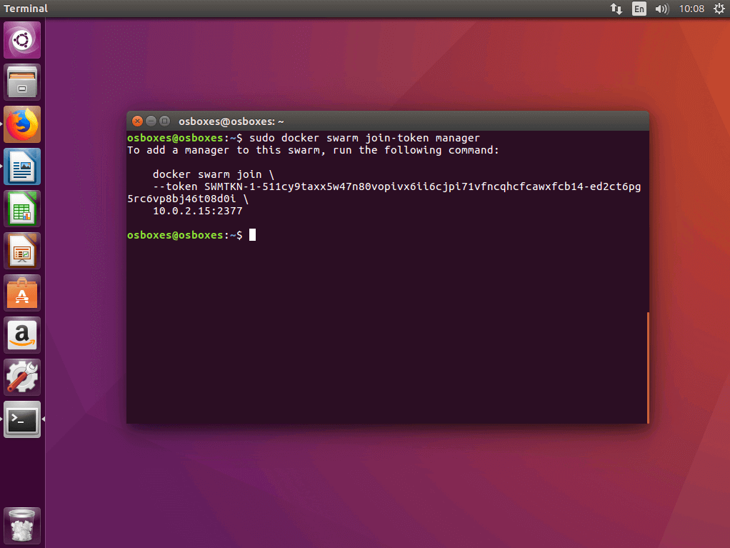 il comando “docker swarm join-token manager” nel terminale Ubuntu