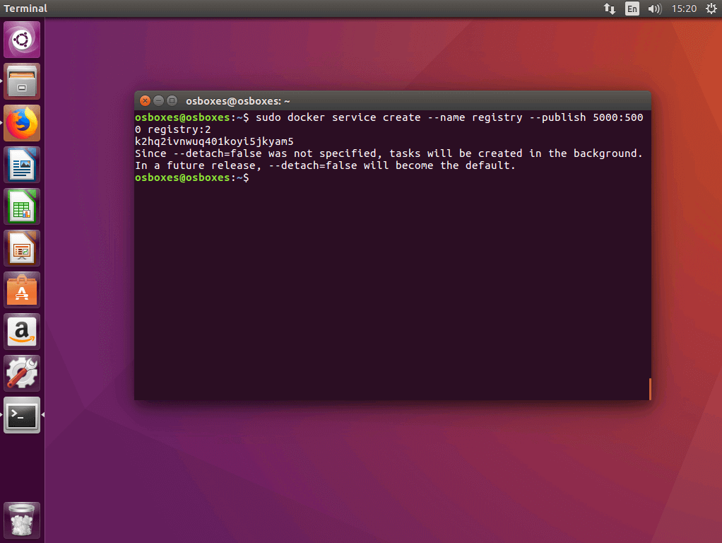 Il comando “docker service create” nel terminale Ubuntu