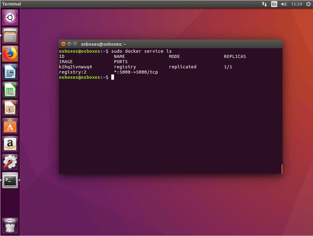 Il comando “docker service ls” nel terminale Ubuntu