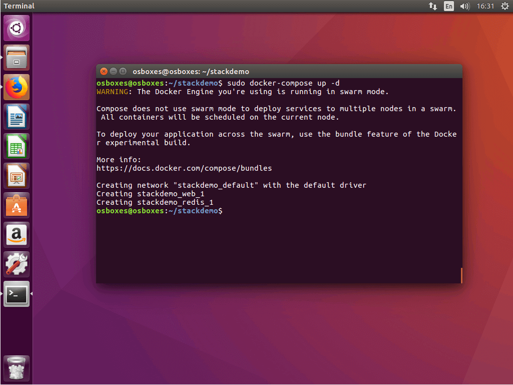 Il comando “docker-compose up” nel terminale Ubuntu