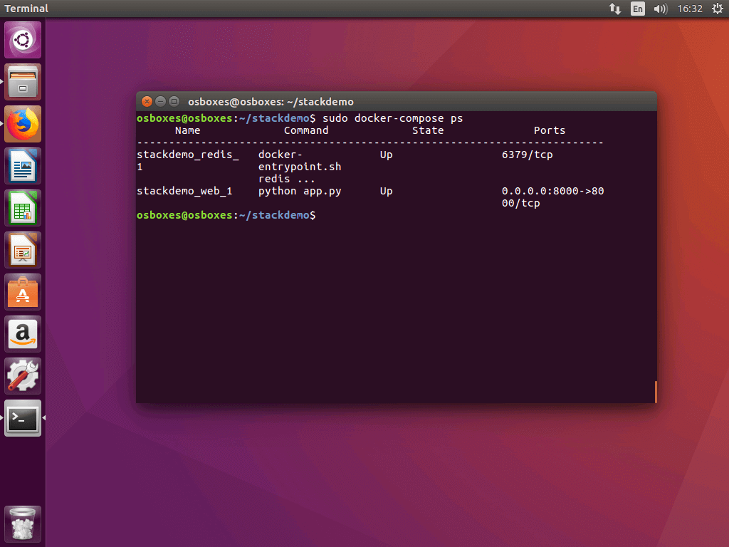 Il comando “docker-compose ps” nel terminale Ubuntu
