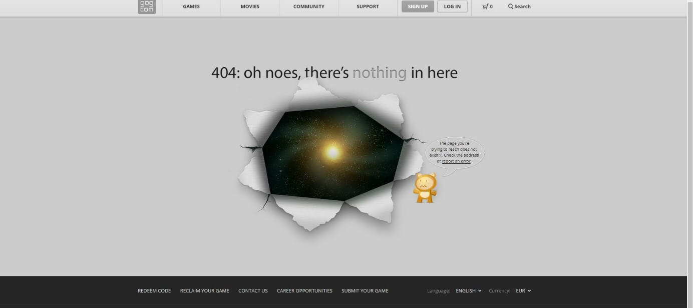 Pagina di errore 404 di GOG