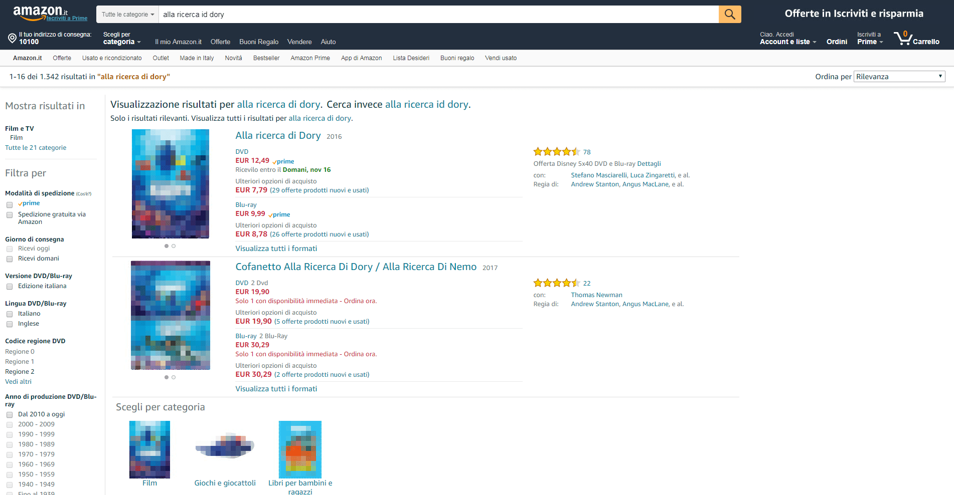 Screenshot di Amazon con un esempio di ricerca