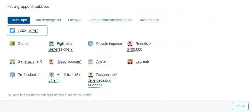 Screenshot del filtraggio di gruppi di pubblico su Twitter Analytics