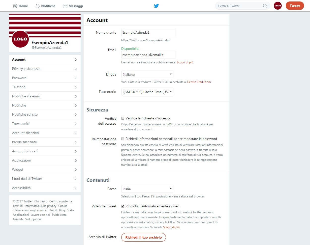 Screenshot della maschera di Twitter con le impostazioni personali dell’account