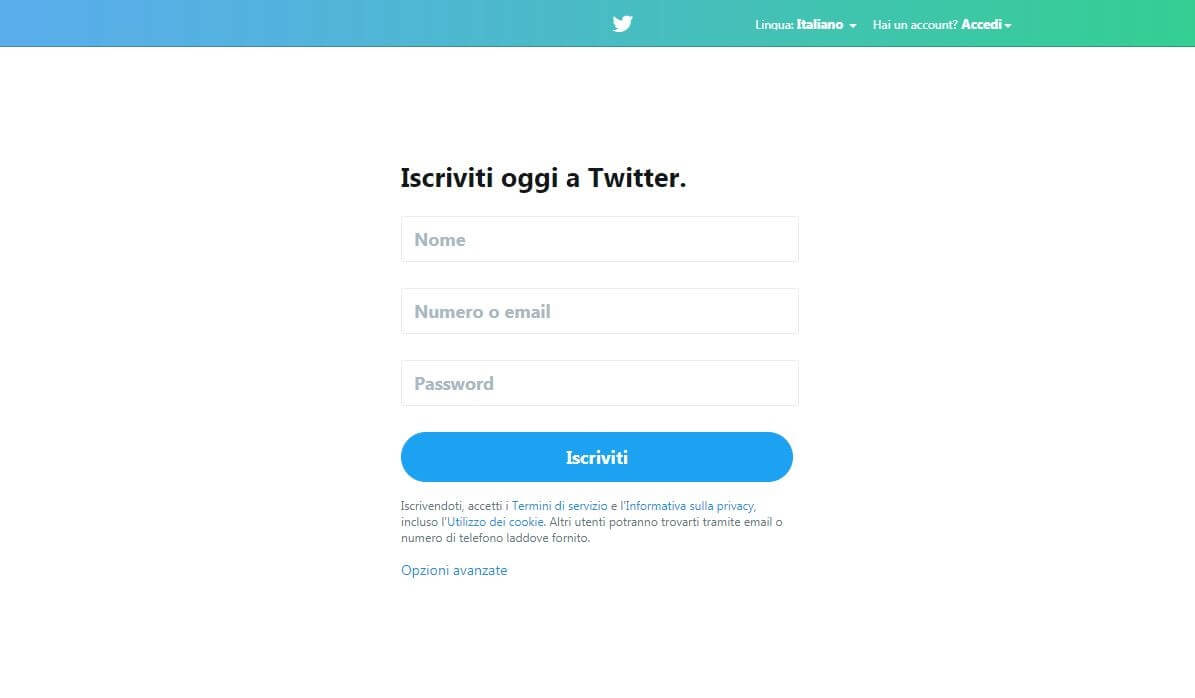 Screenshot della maschera di registrazione di Twitter