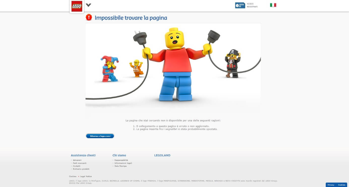 Pagina di errore 404 di Lego