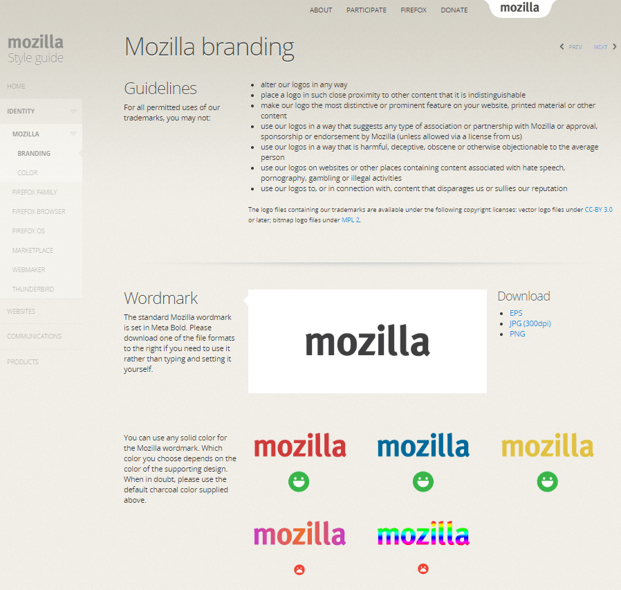 Screenshot delle linee guida di Mozilla relative al branding e al logo