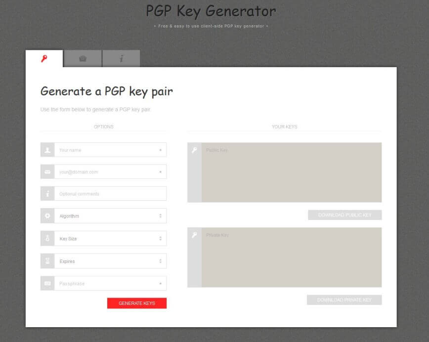 strumento web per la generazione di chiavi PGP: PGP Key Generator