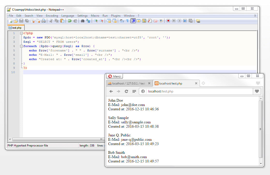 Script PHP con statement SQL comprensivo di segnaposto e riproduzione sul browser tramite localhost