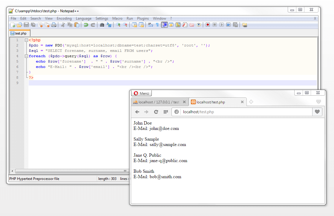 Script PHP con statement SELECT su Notepad++ e la sua visualizzazione sul browser tramite localhost