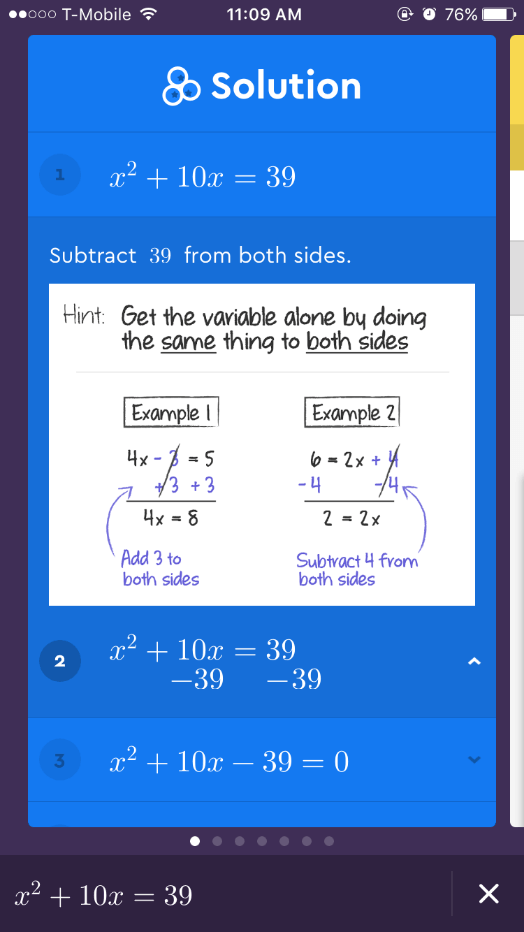 Screenshot di un’equazione risolta con l’app Socratic