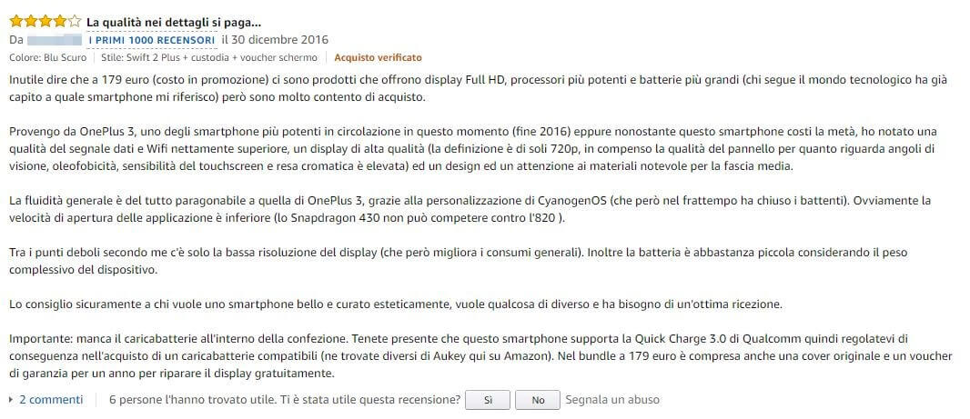 Screenshot di una recensione su Amazon dello smartphone WileyFox Swift 2