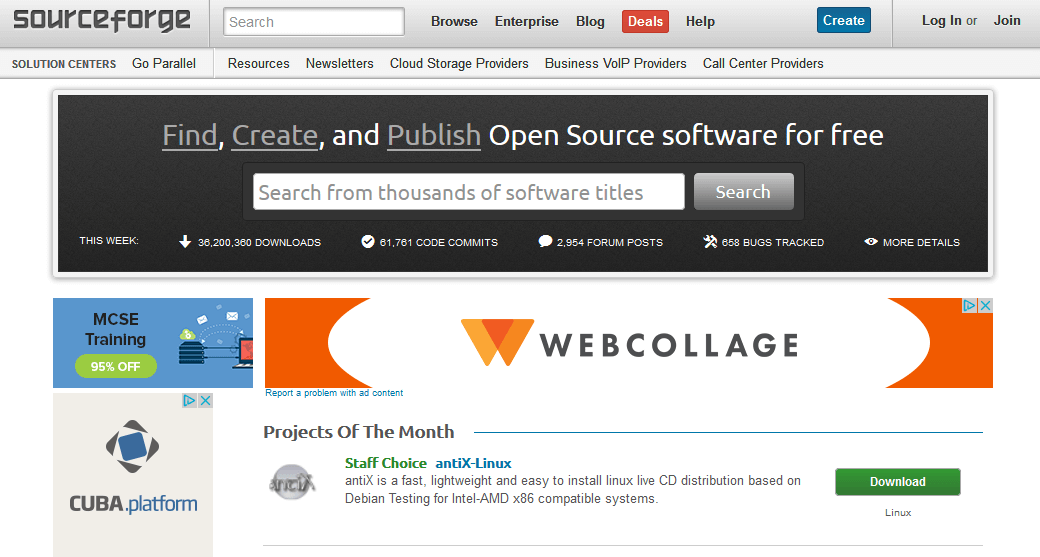 Pagina iniziale di SourceForge in inglese