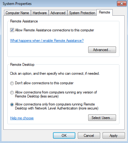 Finestra di dialogo di Windows in inglese per abilitare la connessione remota al computer