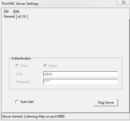 ThinVNC: menu di configurazione del server