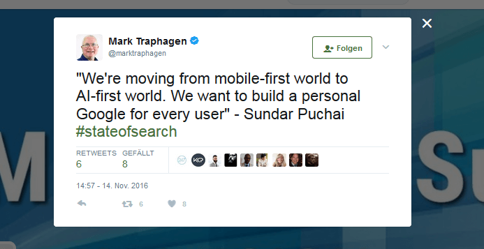 Screenshot di un tweet di Mark Traphagen sull’utilizzo di Google della IA
