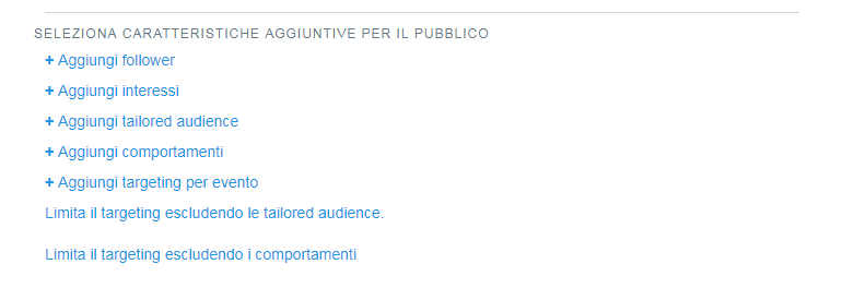 Screenshot delle opzioni aggiuntive relative al pubblico per la configurazione della campagna su Twitter Ads