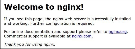 Messaggio di benvenuto a termine dell'installazione di NGINX
