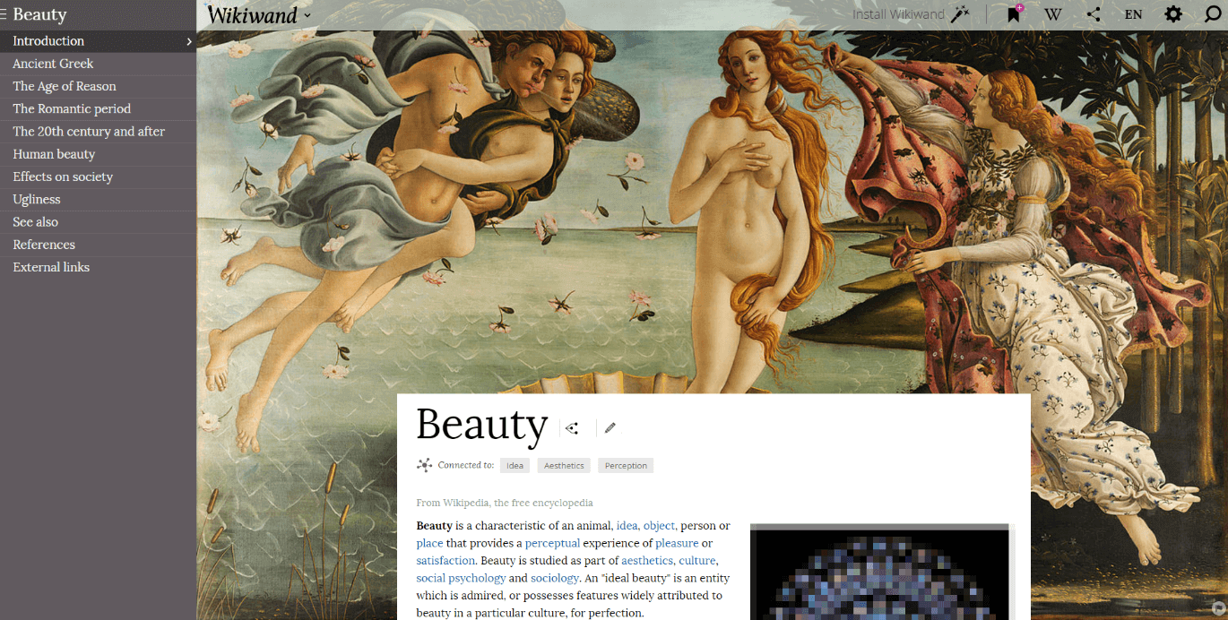 Esempio di articolo in inglese su Wikiwand riguardo all’argomento “Beauty” (bellezza)