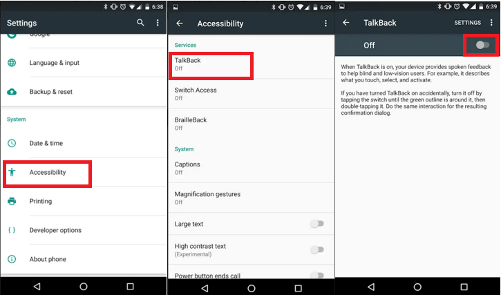 TalkBack nelle impostazioni di sistema di Android