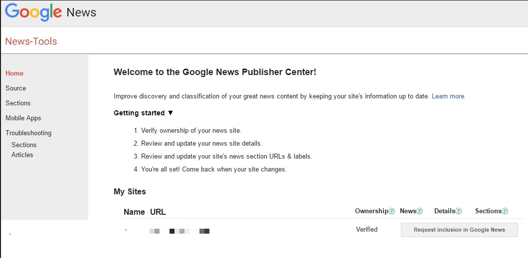 Pagina iniziale del Google News Publisher Center