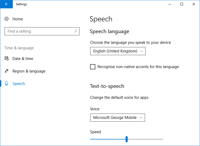 Finestra delle impostazioni del sintetizzatore vocale di Microsoft