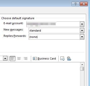 Impostazioni della firma di Microsoft Outlook: menu a cascata per la selezione delle firme predefinite