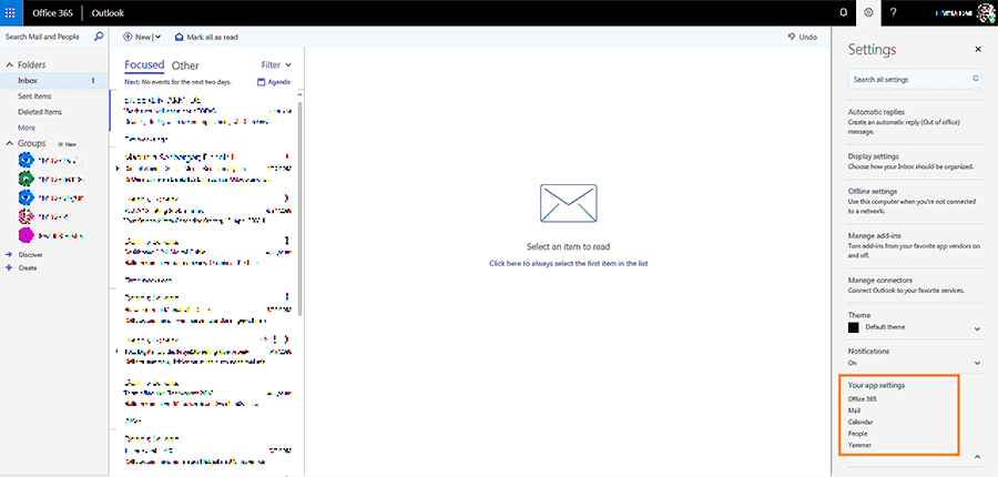 Screenshot del menu a cascata per le impostazioni della web app di Microsoft Outlook
