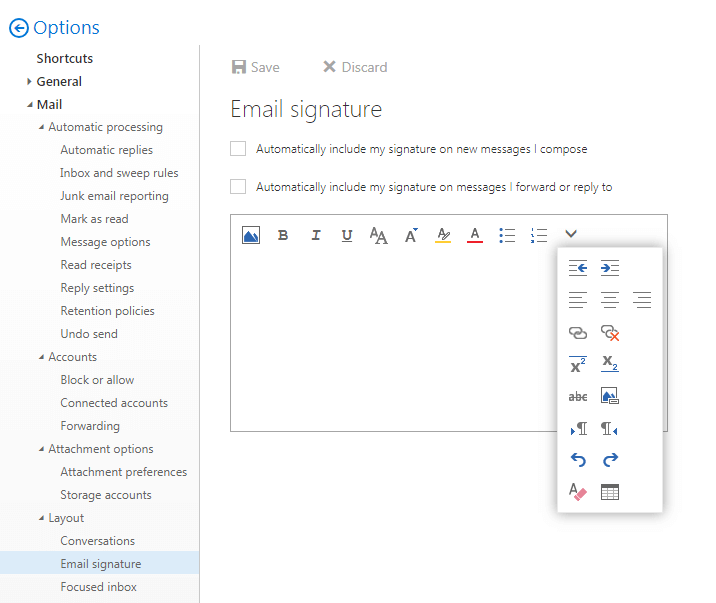 Screenshot dell’editor per la firma per e-mail nella web app di Outlook