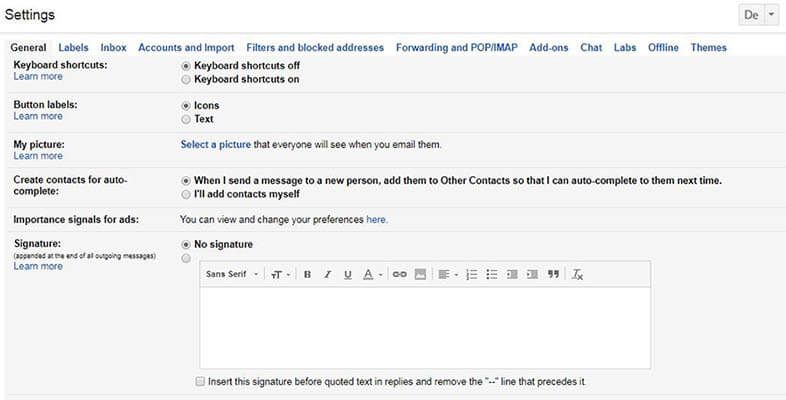 Sezione di uno screenshot delle impostazioni generali di Gmail riguardante le opzioni per la firma