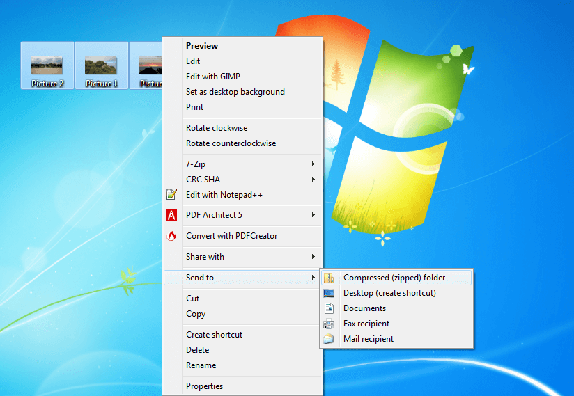 Screenshot del desktop Windows con menu contestuale aperto al punto “Cartella compressa”.