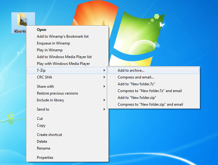 Screenshot del menu contestuale su Windows per aggiungere una cartella a un archivio tramite 7-Zip