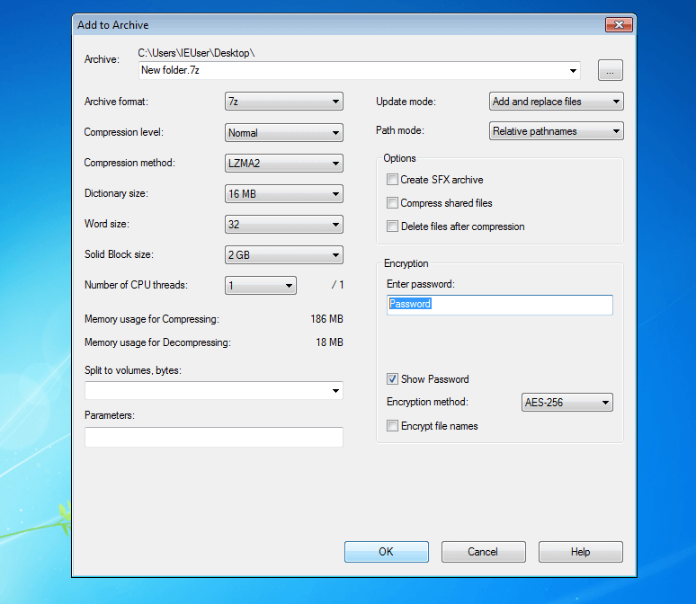 Screenshot della maschera di input di 7-Zip su Windows