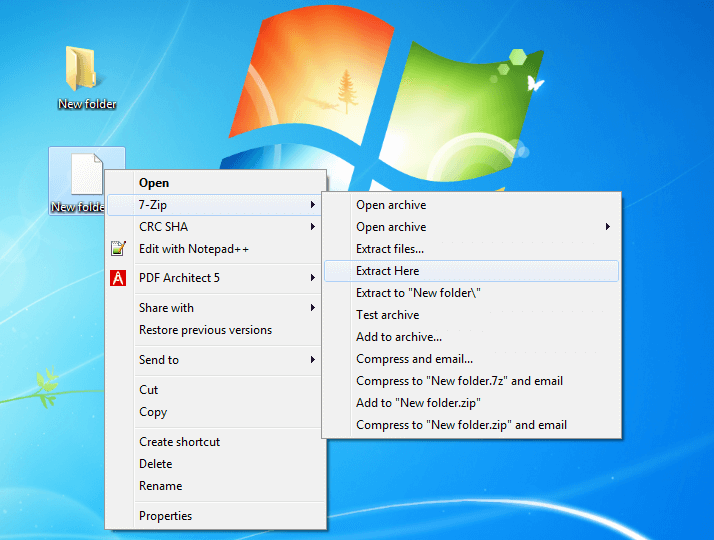 Screenshot del desktop Windows dove viene decompressa una cartella compressa con 7-Zip