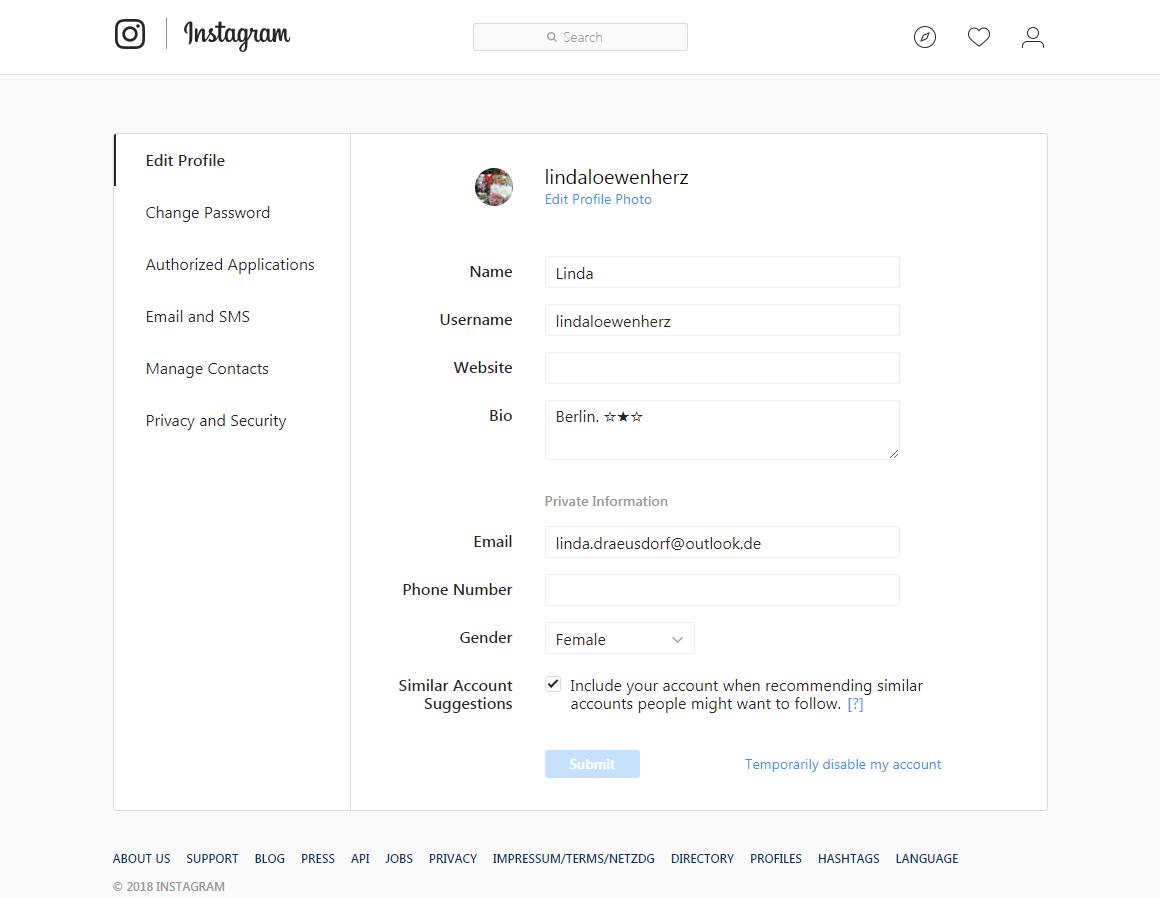 La finestra delle impostazioni di profilo di Instagram