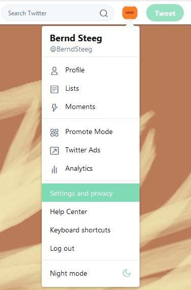 Applicazione web di Twitter: menu “Profilo e impostazioni”