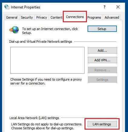 Il menu Connessioni nelle Opzioni Internet di Windows 10