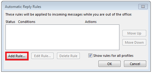 La finestra per stabilire le regole per le risposte automatiche con Outlook