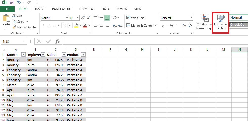 Set di dati su Excel formattato come tabella