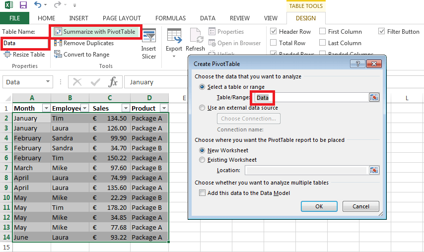 Finestra di Excel per creare una tabella pivot