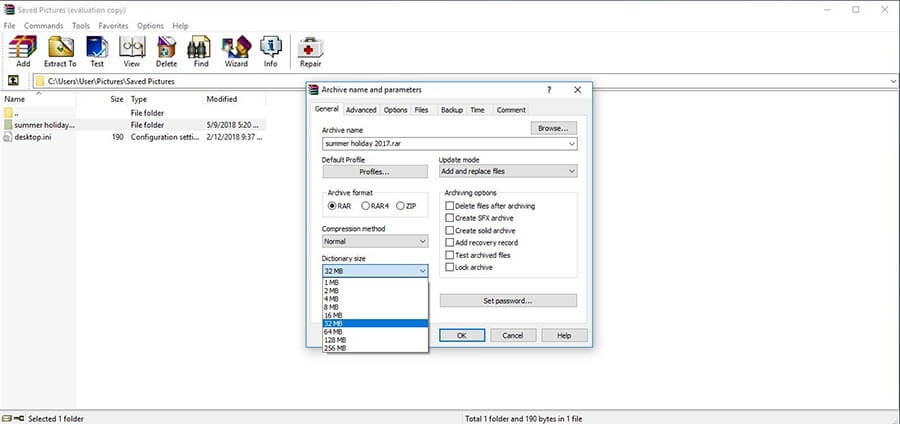 Interfaccia utente WinRAR con menu aperto per l'impostazione del nome e dei parametri dell'archivio