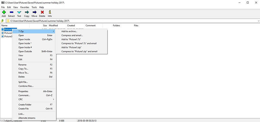 Interfaccia utente di 7-Zip con menu contestuale relativo a un file