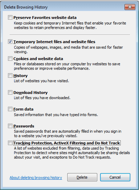 Finestra “Elimina Cronologia Navigazione” di Internet Explorer