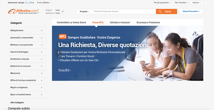 Homepage di Alibaba.com