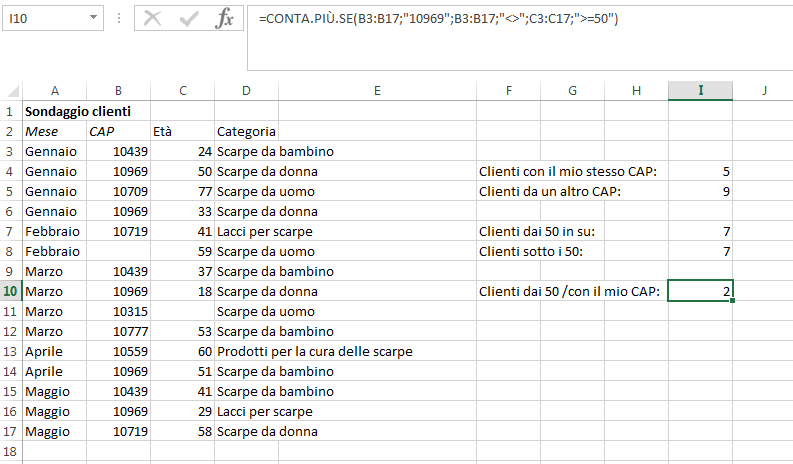 Screenshot di una tabella Excel con la funzione CONTA.PIÙ.SE e tre criteri di ricerca